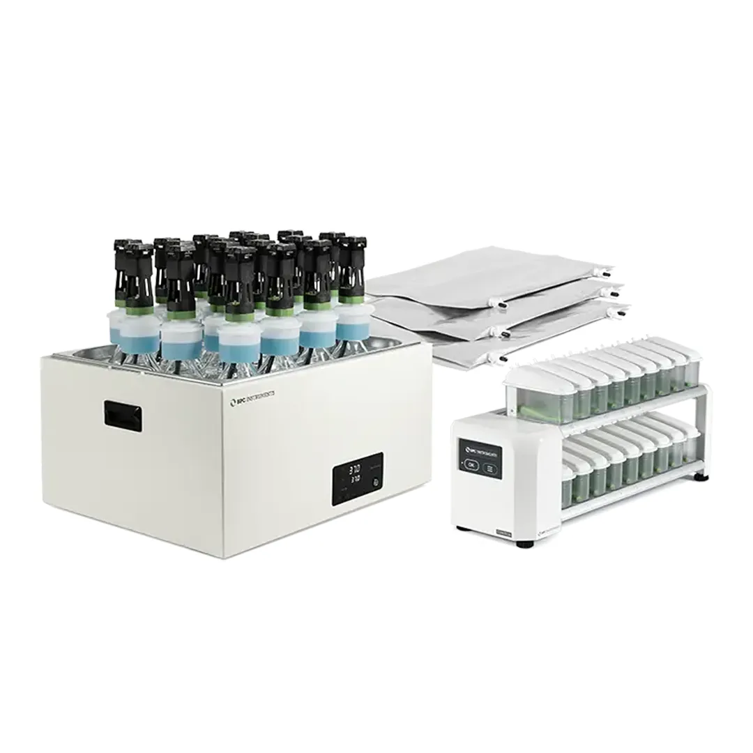 BPC Blue Aerobic biodegradability analyser with incubator, test bottles and gas absorption units on a white background.