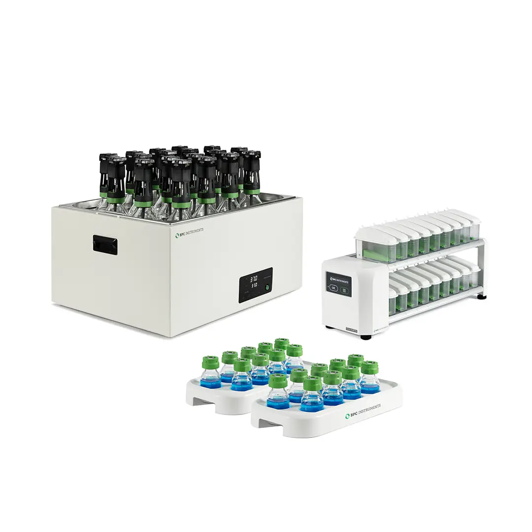 BPC Gas Endeavour system with 1 litre reactors, gas measuring unit and sample bottles on a white background.