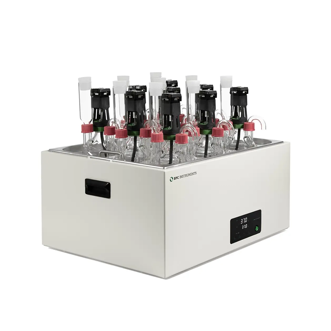 BPC Bioreactor Simulator with CSTR reactors in a temperature-controlled water bath on a white background.